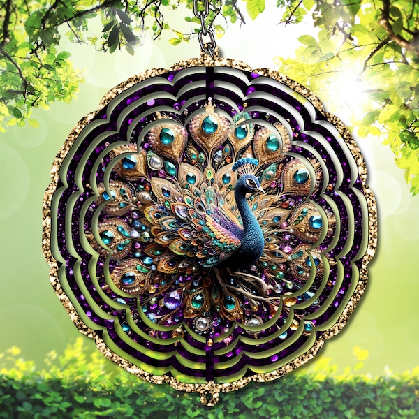 Peacock Wind Spinner PNG - Purple Gold Glitter Sublimation Digital Download - Boho Garden Decor - Instant Art Print, DIY Crafts, Resizable