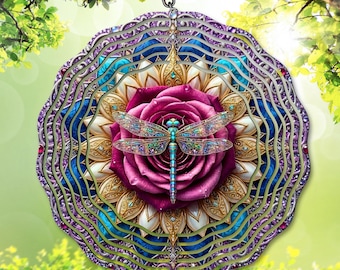 Dragonfly png / Wind Spinner PNG, Purple Rose Mandala / Dragonflies Sublimation Design, Round PNG, Boho Cottagecore PNG (Digital Download)