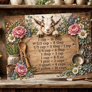 Op de afbeelding: Een rechthoekig houten bord met een geitje dat over de bovenrand kijkt. Het bord toont een omrekentabel voor keukenmaten met tekst, omringd door illustraties van roze pioenrozen, madeliefjes en groen. Een houten lepel en metalen maatbekers zijn op het bord afgebeeld.