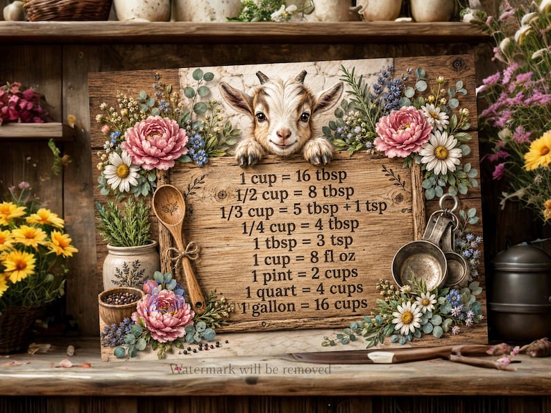 Op de afbeelding: Een rechthoekig houten bord met een geitje dat over de bovenrand kijkt. Het bord toont een omrekentabel voor keukenmaten met tekst, omringd door illustraties van roze pioenrozen, madeliefjes en groen. Een houten lepel en metalen maatbekers zijn op het bord afgebeeld.