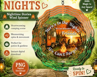 Camping-PNG, Windspiel-PNG, Auf die Nächte!, Camper-Sublimationsdesign, Vorlage für ein Garten-Windspiel auf dem Campingplatz, DIY-Geschenk (Digitaler Download)