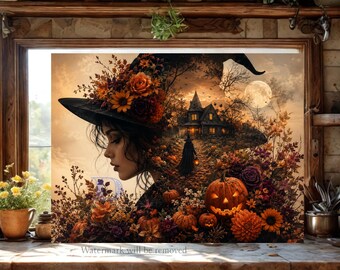 Halloween Cutting Board PNG, Floral Kitchen Sublimation Design, Fall Chopping Board, Witch PNG, Pumpkin PNG, Autumn Png, Digital Download
