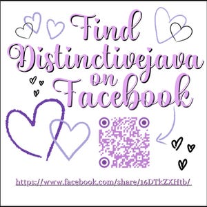 May include: A white square graphic with the text "Find Distinctivejava on Facebook" in a script font. The image includes purple and black hearts, a QR code, and a Facebook URL.