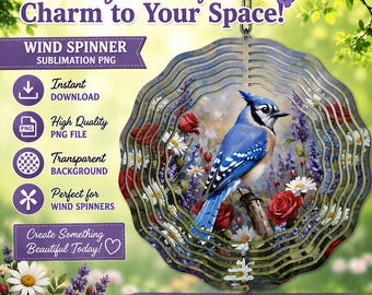 Blue Jay PNG, Wind Spinner PNG, Floral Sublimation Design, Spring Bird Spinner Template, Bluebird Yard Decor, Watercolor, Digital Download