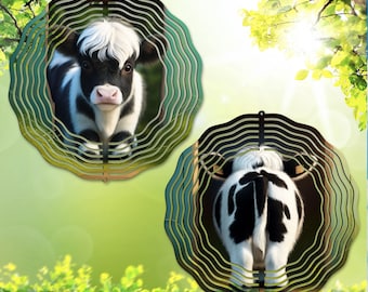 Highland Cow Wind Spinner PNG, Double Sided Calf Sublimation, Front Back Garden Spinner Template DIY Gift (Digital Template) Black and White