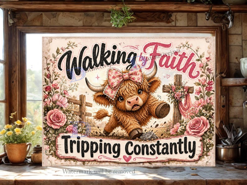May include: A rectangular sign featuring a brown Highland cow with a pink floral bow, standing near a wooden cross. The text reads Walking by Faith Tripping Constantly. The design is framed by pink roses and green leaves on a light background.