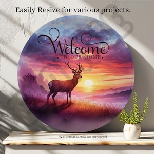 Rundes Türschild PNG, Willkommen in unserem Hauszeichen PNG, Hirsch Sublimation PNG, digitaler DOWNLOAD, diy Geschenk für Jäger, Türhänger, Kranzschild
