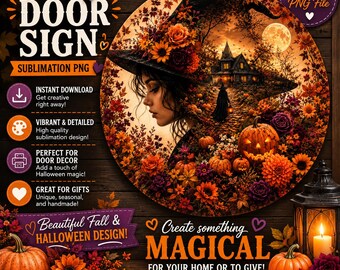 Halloween Witch Door Sign PNG, 12x12 Round Sublimation Design, Floral Fall Witch Door Hanger, Pumpkin Autumn Porch Decor, Digital Download