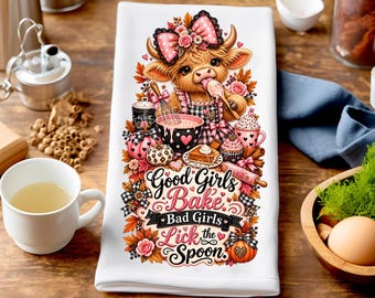 Highland Cow Kitchen Towel Sublimation Design, Dish Towel PNG, Cow Tea Towel, Funny Cow Design, Good Girls Bake Bad Girls (Digital Download)