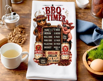 BBQ Timer Tea Towel Sublimation PNG, Highland Cow and Pig Kitchen Design, Funny Farmhouse Dish Towel png, Grilling Theme Digital Download
