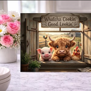 May include: A rectangular wall art print featuring a rustic wooden window frame with open shutters. A piglet, a fluffy highland calf, and a chicken sit on the sill. Above them, a wooden sign reads Whatcha Cookin' Good Lookin'.