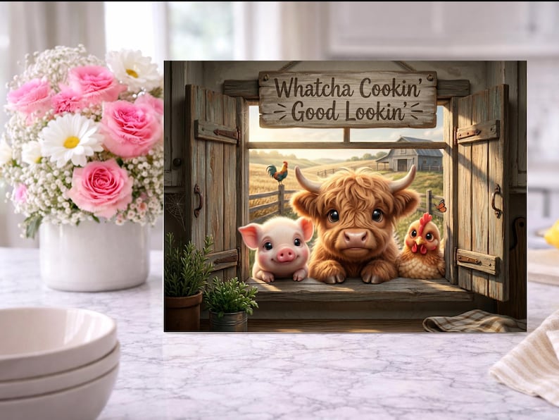 May include: A rectangular wall art print featuring a rustic wooden window frame with open shutters. A piglet, a fluffy highland calf, and a chicken sit on the sill. Above them, a wooden sign reads Whatcha Cookin' Good Lookin'.