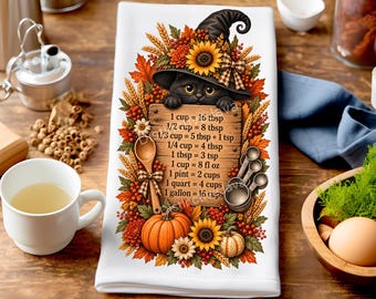 Black Cat Conversion Chart Tea Towel, Autumn PNG, Cat Witch Sublimation Design, Halloween Dish Towel PNG, Kitty png, Fall Digital Download