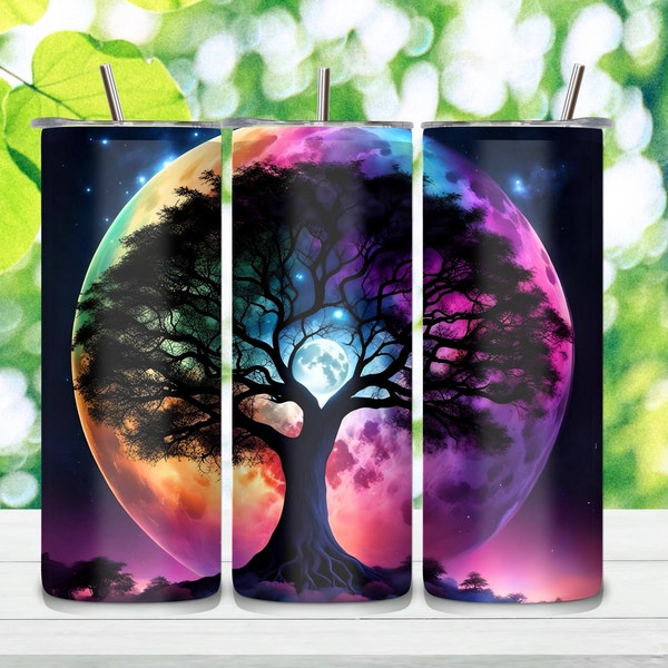 Capture Nature's Beauty: Moon, Tree, and Northern Lights Tumbler Wrap PNG - Sublimation Design for Stunning DIY Creations