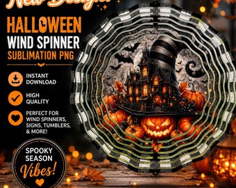 Halloween Wind Spinner PNG, Witch Hat Sublimation Design, Haunted House Pumpkin PNG, Buffalo Plaid Spinner, Spooky Fall, Digital Download