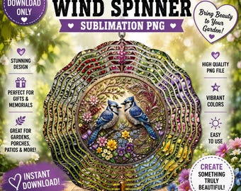 Molinillo de viento de pájaro azul PNG, diseño de sublimación de arrendajo azul enjoyado, plantilla de molino de viento de jardín de pájaros de primavera, descarga digital de pájaros azules enamorados