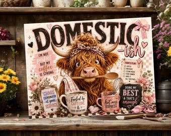 Funny Highland Cow Cutting Board PNG, Domestic ish Kitchen Sublimation Design, Coquette Bow Cow, Farmhouse Decor, Sassy Cow Digital Download