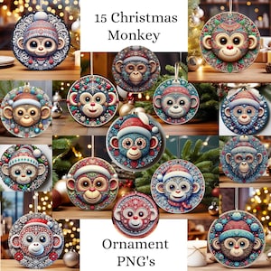 Christmas Monkey Ornament Bundle PNG Sublimation Template, Coaster PNG, Photo Memorial Christmas Ornament Designs, Round Hanging PNG, Gift