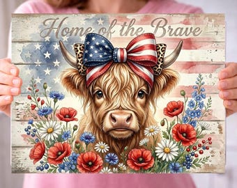 Highland Cow PNG / Cutting Board PNG / 4th of July Sublimation Design / Cutting Board Png / Home of the Brave / DIY Gift (Digital Download)