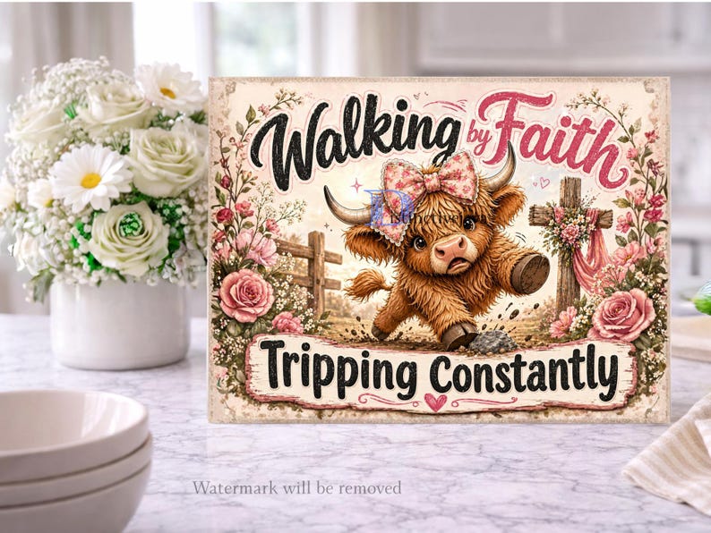 May include: A decorative sign with the text "Walking by Faith Tripping Constantly" features a cartoon Highland cow with a pink bow. The sign is decorated with flowers and a cross, set against a rustic background.