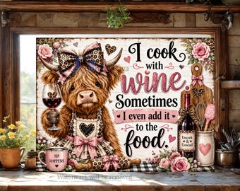 Tabla de cortar con forma de vaca de las Tierras Altas PNG, diseño divertido para sublimación de cocina, decoración rústica con lazo de leopardo coqueto, descarga digital "Cocino con vino"