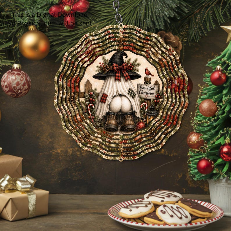 May include: A round, scalloped-edge metal wind spinner featuring a gnome wearing a witch hat and boots, with a sign reading Boo-tiful Christmas. The design includes red plaid patches, pine branches, a cardinal, and candy canes on a rustic background.