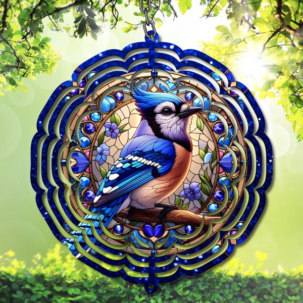 Stained Glass Blue Jay PNG - Digital Download for Sublimation on Windspinners. Bird Art, Nature Decor, Blue Sparkling, Glitter, Beautiful