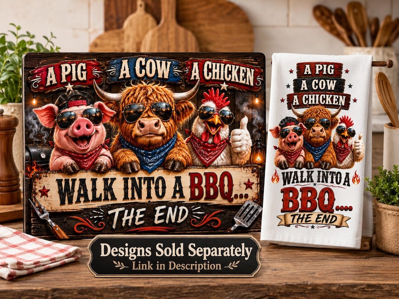 May include: A wooden sign and a white towel with a BBQ theme. The sign features a pig, cow, and chicken wearing sunglasses. The text reads "A Pig, A Cow, A Chicken, Walk Into A BBQ, The End."