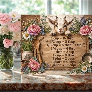 Op de afbeelding: Een rechthoekig houten bord met een geitenillustratie, bloemstukken, een houten lepel en metalen maatbekers. De tekst toont kookconversies: 1 cup = 16 tbsp, 1/2 cup = 8 tbsp, 1/3 cup = 5 tbsp + 1 tsp, 1/4 cup = 4 tbsp, 1 tbsp = 3 tsp, 1 cup = 8 fl oz, 1 pint = 2 cups, 1 quart = 4 cups, 1 gallon = 16 cups.
