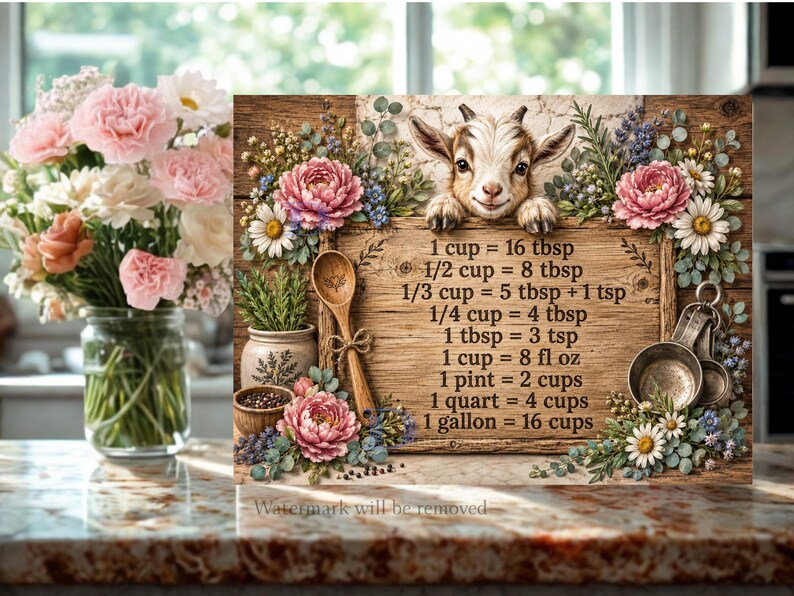 Op de afbeelding: Een rechthoekig houten bord met een geitenillustratie, bloemstukken, een houten lepel en metalen maatbekers. De tekst toont kookconversies: 1 cup = 16 tbsp, 1/2 cup = 8 tbsp, 1/3 cup = 5 tbsp + 1 tsp, 1/4 cup = 4 tbsp, 1 tbsp = 3 tsp, 1 cup = 8 fl oz, 1 pint = 2 cups, 1 quart = 4 cups, 1 gallon = 16 cups.