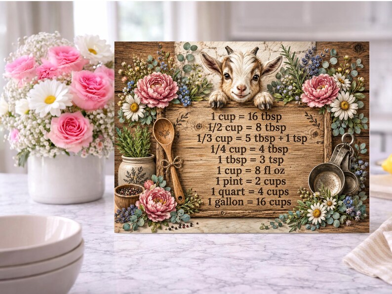 Op de afbeelding: Een rechthoekig houten bord met een illustratie van een geitje, bloemaccenten en een tabel voor keukenmaten. De tekst luidt: 1 cup = 16 tbsp, 1/2 cup = 8 tbsp, 1/3 cup = 5 tbsp + 1 tsp, 1/4 cup = 4 tbsp, 1 tbsp = 3 tsp, 1 cup = 8 fl oz, 1 pint = 2 cups, 1 quart = 4 cups, 1 gallon = 16 cups.