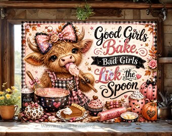 Highland Cow Baking Cutting Board PNG, Good Girls Bake Bad Girls Lick the Spoon Sublimation Design, Funny Chopping Board (Digital Download)