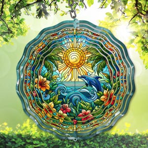 Delphin Wind Spinner PNG, Glasmalerei wie Sublimation, Tropical Yard Decor, DIY Geschenkidee, digitaler Download, Ocean Spinner Vorlage