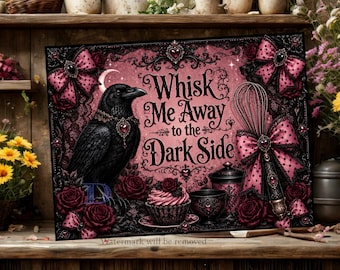 Gothic Raven Cutting Board PNG, Dark Academia Kitchen Sublimation Design, Whisk Me Away to the Dark Side, Pink Lace Decor Digital Download