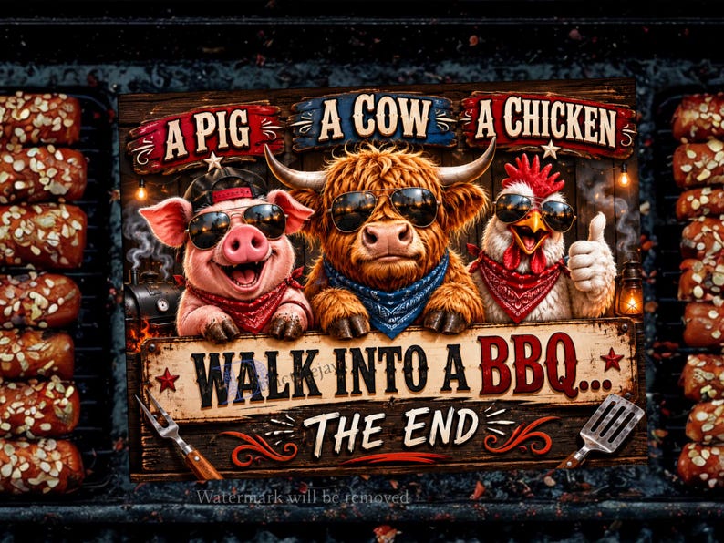 May include: A humorous BBQ-themed image features a pig, cow, and chicken wearing sunglasses and bandanas. Text reads "A Pig, A Cow, A Chicken" and "Walk Into A BBQ... The End". The image includes grilled food on the sides.