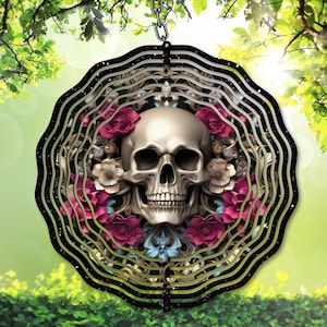 Schädel-Blumen PNG für die Sublimation auf einem Windrad, Gothic Garten Spinner-Design, Dark Outdoor Decor und DIY-Geschenke, Vorlage PNG, Skelett