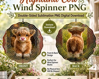 Highland Cow Wind Spinner PNG, Double-Sided Sublimation Design, Front Back Template, Farm Animal  png, Farmhouse, DIY Gift Digital Download