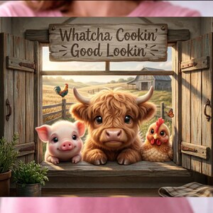 May include: A rectangular print featuring a rustic wooden window frame with open shutters. The text Whatcha Cookin' Good Lookin' is centered above the window. A piglet, a fluffy brown calf, and a chicken are looking through the window frame.