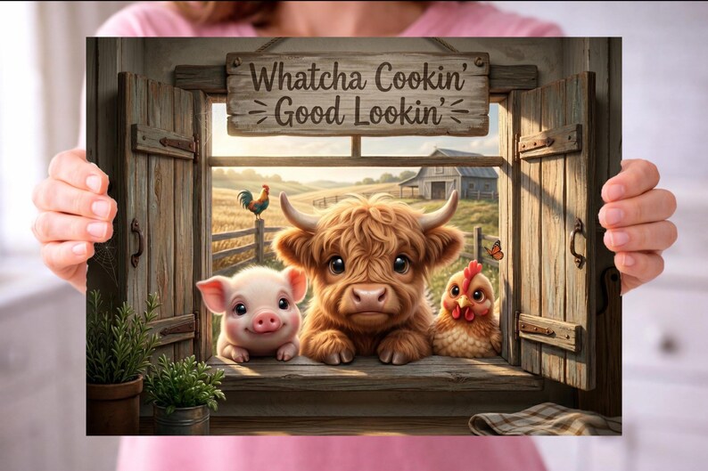 May include: A rectangular print featuring a rustic wooden window frame with open shutters. The text Whatcha Cookin' Good Lookin' is centered above the window. A piglet, a fluffy brown calf, and a chicken are looking through the window frame.