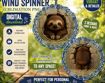 Cute Sloth Wind Spinner PNG Double Sided Garden Spinner Template Sublimation Design, Whimsical Animal Yard Decor DIY Gift (Digital Download)