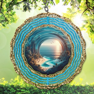 Beach Paradise 3D Portal Wind Spinner PNG, Blau und Gold Glitter Sublimation png, Digital Download, 3D Beach Garden Spinner Vorlage, Geschenk