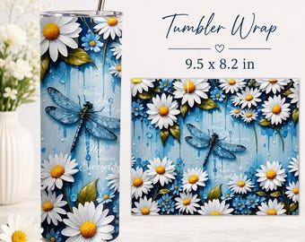 Bicchiere da 20 once con libellula e margherita in formato PNG, design floreale a sublimazione per bicchiere sottile con fiore blu "Quelli che amiamo non vanno via" (download digitale)
