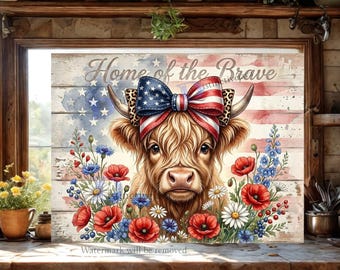 Highland Cow PNG / Cutting Board PNG / 4th of July Sublimation Design / Cutting Board Png / Home of the Brave / DIY Gift (Digital Download)
