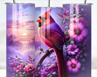 Cardinal Tumbler Wrap PNG, I Believe in Angels, Flowers 20 oz Skinny Tumbler Sublimation Design, Digital Download PNG, Straight Tumbler Wrap