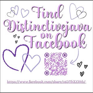 May include: A square graphic featuring the purple text Find Distinctivejava on Facebook, surrounded by various hand-drawn heart outlines in purple and black. A purple QR code is centered below the text, with a URL at the bottom of the image.