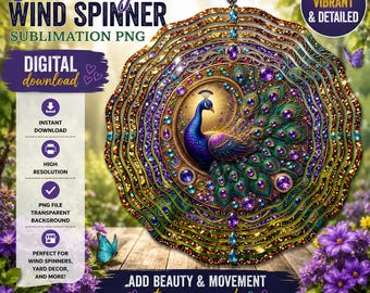 Girandola a vento con pavone PNG, design per sublimazione glitterata, modello di girandola da giardino oro e viola, decorazione scintillante per il giardino, regalo fai da te, download digitale