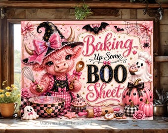 Tabla de cortar divertida de vaca de las Tierras Altas para Halloween PNG, diseño de sublimación de hoja de cocina "Horneando algo espeluznante", tabla de cortar de otoño, descarga digital