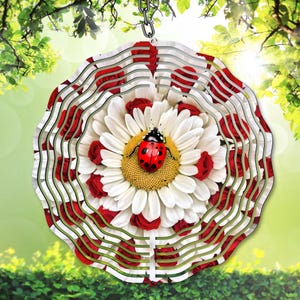Girandola a vento con coccinella PNG, disegno floreale a sublimazione, decorazione per giardino fiorito, modello per girandola da giardino con margherite e rose, download digitale di margherite,