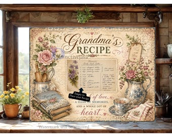 Schneidebrett mit Omas Rezepten (PNG), Vintage-Rezeptkarten-Sublimationsdesign, Erinnerungsstück an Familienrezepte, Küchendekoration für Omas Küche (Digitaler Download)