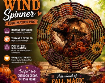 Witch Wind Spinner PNG, Halloween Sublimation Design, Gothic Floral Garden Spinner PNG, Autumn Vintage Design, Fall Spinner Digital Download